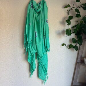 Green Floral Lightweight Scarf with Fringe – Boho Summer Wrap